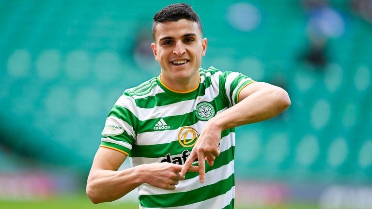 Celtic's Mohamed Elyounoussi celebrates making it 1-0 during the Scottish Premiership match between Celtic and Rangers at Celtic Park, on March 21, 2021, in Glasgow, Scotland. (Photo by Rob Casey / SNS Group)