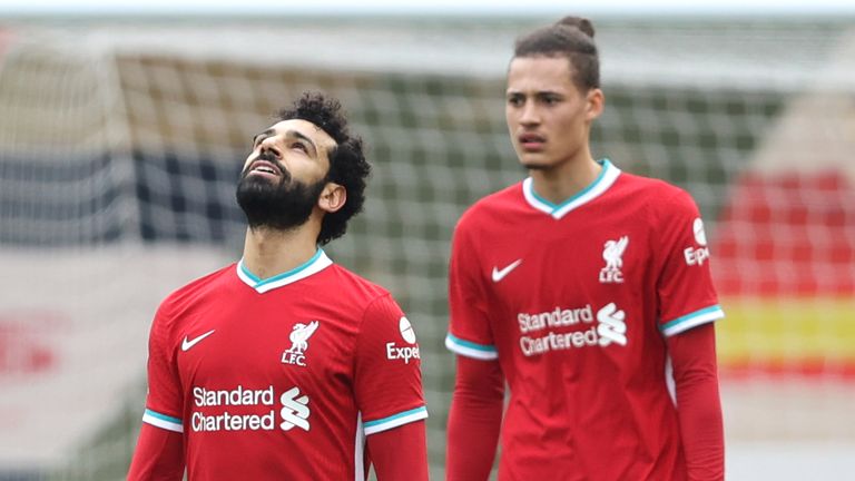 Mohamed Salah and Rhys Williams react after Fulham take the lead at Anfield (AP)