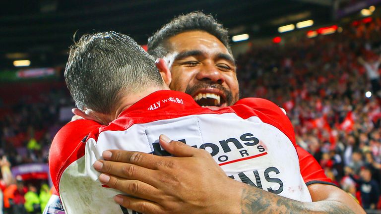Picture by Alex Whitehead/SWpix.com - 11/10/2014 - Rugby League - First Utility Super League Grand Final - St Helens v Wigan Warriors - Old Trafford, Manchester, England - St Helens' Mose Masoe and Paul Wellens celebrate.