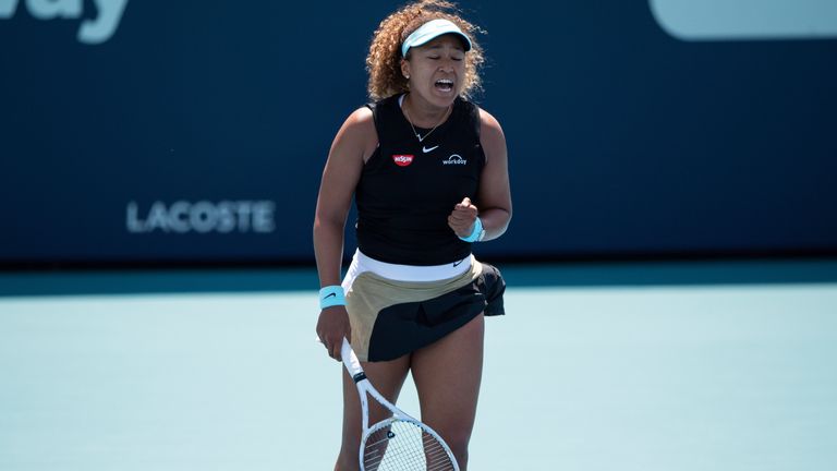 Japan's Naomi Osaka celebrates during the Miami Open tennis championship on Friday, Mar. 26, 2021, in Miami Gardens, Fla. (Peter McMahon/Miami Dolphins via AP)