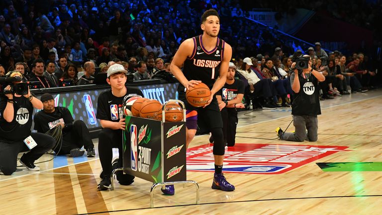 Devin Booker prepares to fire during the 2020 All-Star 3-Point Contest