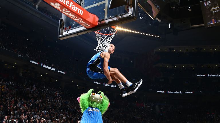 Aaron Gordon jumps over the Orlando Magic 'Stuff' during the 2016 All-Star Dunk Contest