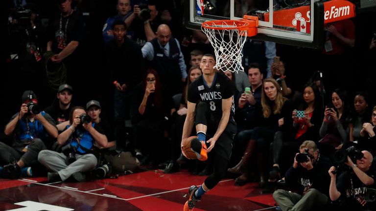 Zach LaVine performs his fourth dunk during the 2016 NBA All-Star Dunk Contest