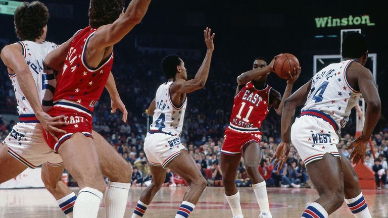 Isiah Thomas looks to make a pass into the post during the 1984 All-Star Game in Denver