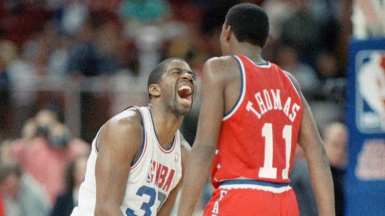Los Angeles Lakers&#39; Earvin Johnson, 32, left, clowns around with Detroit&#39;s Isiah Thomas (11) during Rolando Blackman&#39;s free thrown attempt which tied the NBA all Star Game forcing overtime in Seattle, Feb. 9, 1987. The West won Sunday&#39;s game 154-149.