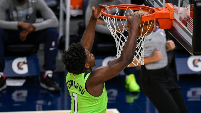 Anthony Edwards takes flight and hammers home the dunk for the Minnesota Timberwolves against the Portland Trail Blazers.