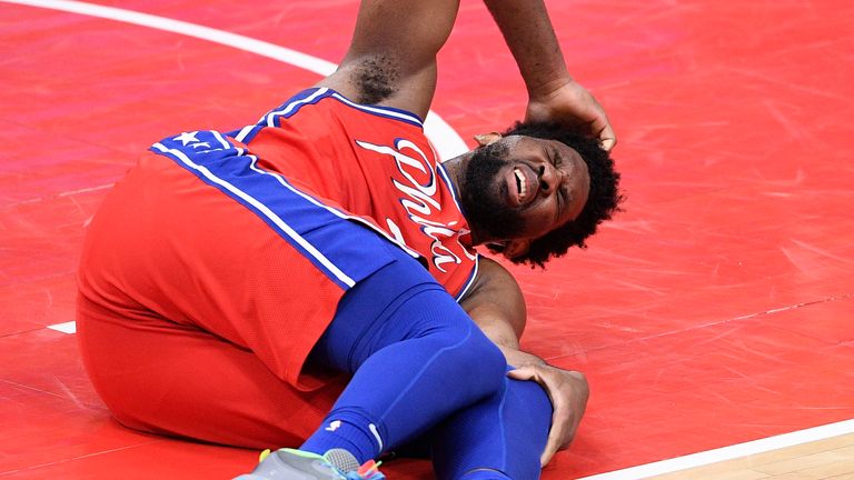 hiladelphia 76ers center Joel Embiid (21) reacts after an injury during the second half of the team&#39;s NBA basketball game against the Washington Wizards, Friday, March 12, 2021, in Washington. 