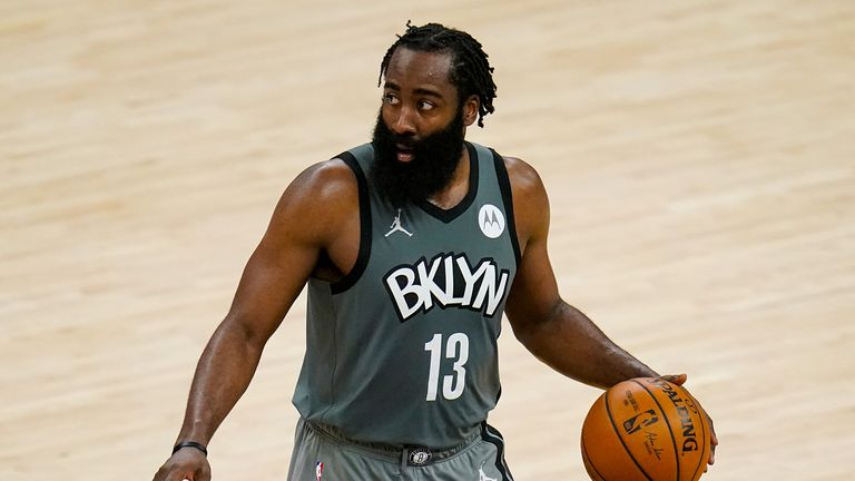 Brooklyn Nets guard James Harden (13) plays against the against the Indiana Pacers during the second half of an NBA basketball game in Indianapolis, Wednesday, March 17, 2021. (AP Photo/Michael Conroy)