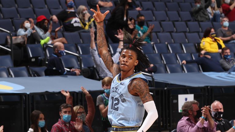 Ja Morant of the Memphis Grizzlies celebrates during the game against the Denver Nuggets