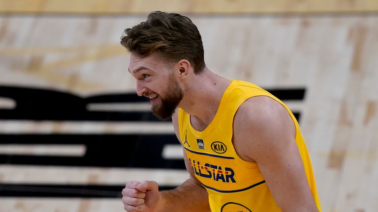 Indiana Pacers forward Domantas Sabonis celebrates during the skills challenge portion of basketball's NBA All-Star Game in Atlanta, Sunday, March 7, 2021.