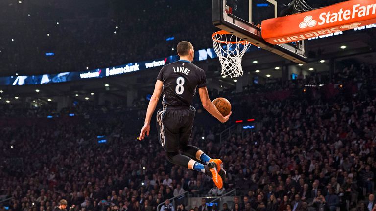 Zach LaVine's first dunk in the championship round during the 2016 All-Star Dunk Contest