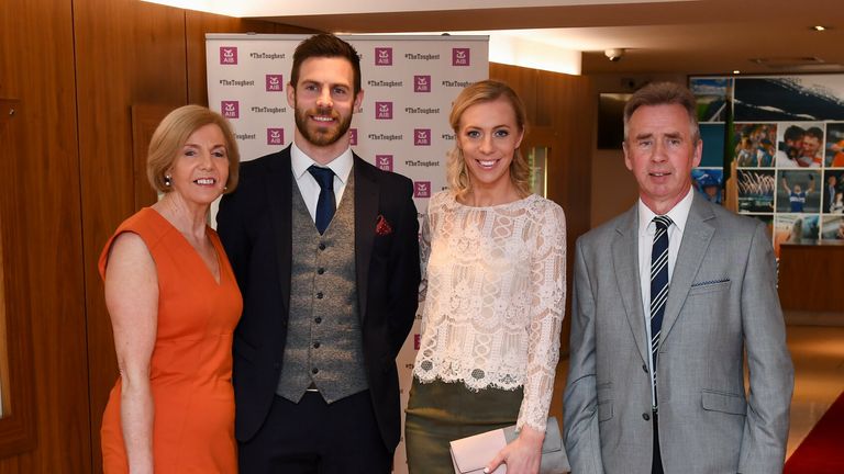 Neil McManus with wife Maria and parents Hugh and Dorothy on their arrival at the AIB GAA Club Player 2018/19 Awards at Croke Park
