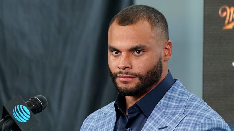 Dallas Cowboys quarterback Dak Prescott listens to a question during a news conference at the team&#39;s NFL football practice facility in Frisco, Texas, Wednesday, March 10, 2021. The Cowboys and Prescott have finally agreed on the richest contract in club history, two years after negotiations began with the star quarterback. (AP Photo/LM Otero)


