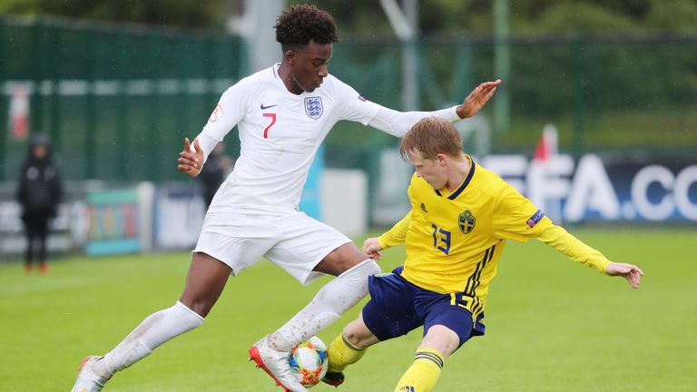 England's Noni Madueke and Sweden's David Edvardsson  during the UEFA European Under-17 Championship Group B match at Home Farm FC, Dublin. PRESS ASSOCIATION Photo. Picture date: Thursday May 9, 2019. See PA story SOCCER England U17. Photo credit should read: Niall Carson/PA Wire. RESTRICTIONS: Editorial use only, No commercial use without prior permission.