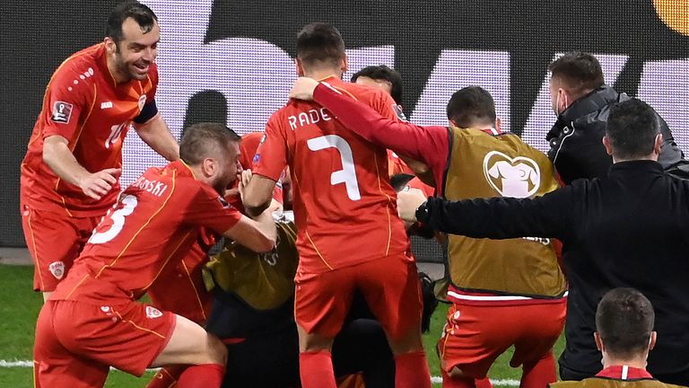 North Macedonia celebrate after their winning goal against Germany