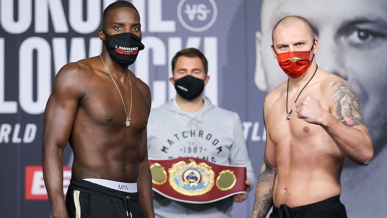 *** FREE FOR EDITORIAL USE ***.Lawerence Okolie and Krzysztof Glowacki Weigh In ahead of their WBO Crusierweight Title..fight tomorrow night..19 March 2021.Picture By Mark Robinson Matchroom Boxing