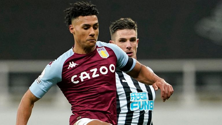 Ollie Watkins ) controls the ball in front of Ciaran Clark