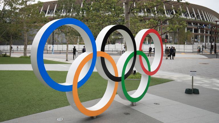 A general view of Olympic Rings outside The Olympic Stadium in Tokyo, Japan.