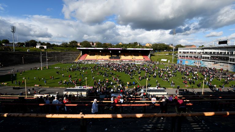 Bradford Bulls fans on the pitch at Osdal after the final game at the stadium in 2019