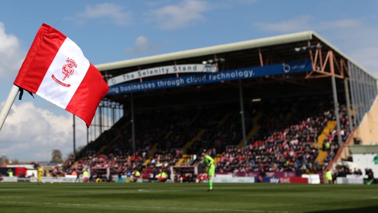PA - General view of Lincoln City&#39;s Sincil Bank ground with flag