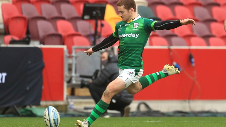 London Irish's Paddy Jackson scores his side's second penalty kick of the game during the Gallagher Premiership match at the Brentford Community Stadium, London. Picture date: Sunday March 14, 2021.