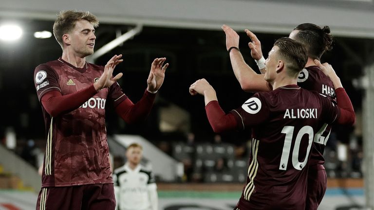 Patrick Bamford celebrates after opening the scoring for Leeds against Fulham