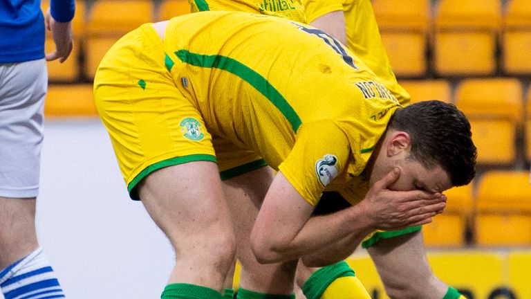 PERTH, SCOTLAND - MARCH 06: Hibernian's Paul Hanlon looks frustrated during a Scottish Premiership match between St Johnstone and Hibernian at McDiarmid Park, on March 06, 2021, in Perth, Scotland. (Photo by Alan Harvey / SNS Group)