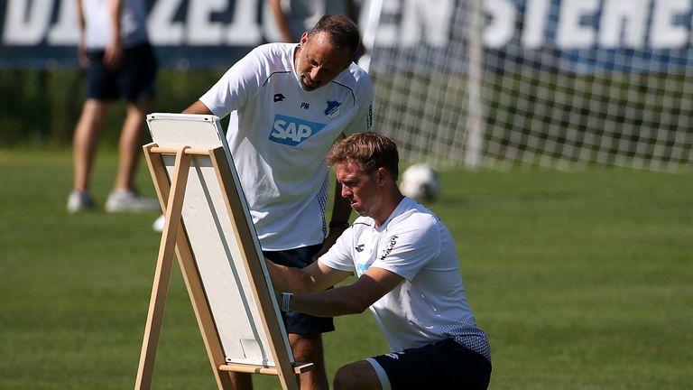 Head coach Julian Nagelsmann of TSG Hoffenheim and assistant Pellegrino Matarazzo of TSG Hoffenheim draw on a white board during a training session as part of TSG Hoffenheim training camp on July 31, 2018 in Windischgarsten, Austria. 