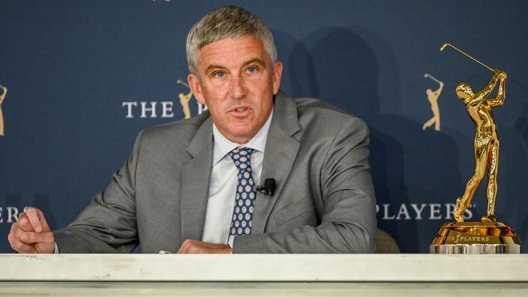 PGA TOUR Commissioner, Jay Monahan addresses the media for his annual State of the TOUR press conference prior to THE PLAYERS Championship on THE PLAYERS Stadium Course at TPC Sawgrass on March 9, 2021, in Ponte Vedra Beach, FL.