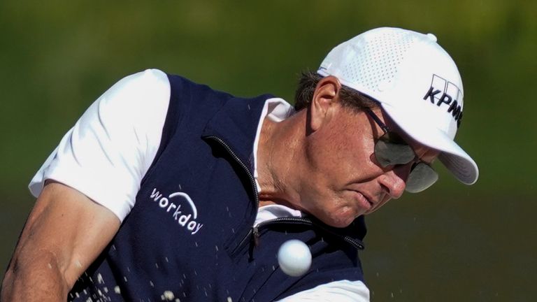 Phil Mickelson hits from the bunker on the 11th hole during the first round of the The Players Championship golf tournament Thursday, March 11, 2021, in Ponte Vedra Beach, Fla. (AP Photo/Chris O'Meara)