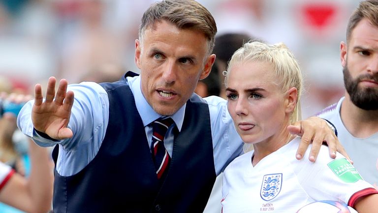 England head coach Phil Neville talks tactics with Alex Greenwood during the FIFA Women's World Cup Third Place Play-Off at the Stade de Nice, Nice. PRESS ASSOCIATION Photo. Picture date: Saturday July 6, 2019. See PA story SOCCER England Women. Photo credit should read: Richard Sellers/PA Wire. RESTRICTIONS: Editorial use only. No commercial use. No use with any unofficial 3rd party logos. No manipulation of images. No video emulation.