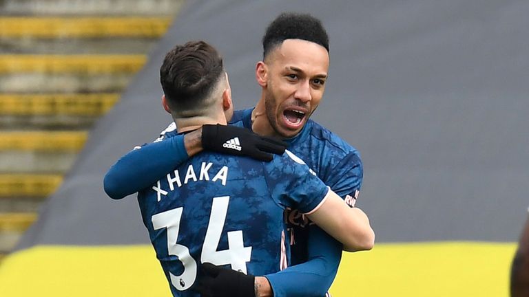 Pierre-Emerick Aubameyang celebrates after opening the scoring at Turf Moor