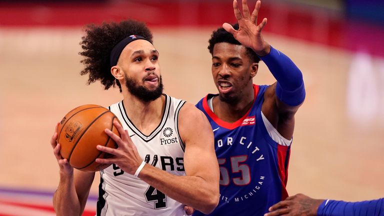 San Antonio Spurs guard Derrick White (4) drives to the basket as Detroit Pistons guard Delon Wright (55) defends during the second half of an NBA basketball game, Monday, March 15, 2021, in Detroit.