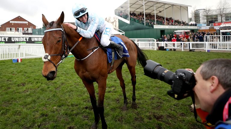 Rachael Blackmore celebrates on top of Honeysuckle after winning the Close Brothers Mares' Hurdle at last year's Cheltenham Festival. 