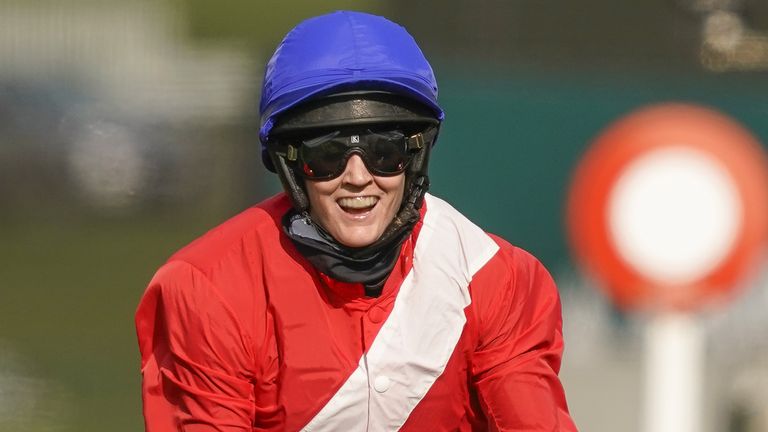 Rachael Blackmore celebrates after riding Allaho to win The Ryanair Chase at Cheltenham