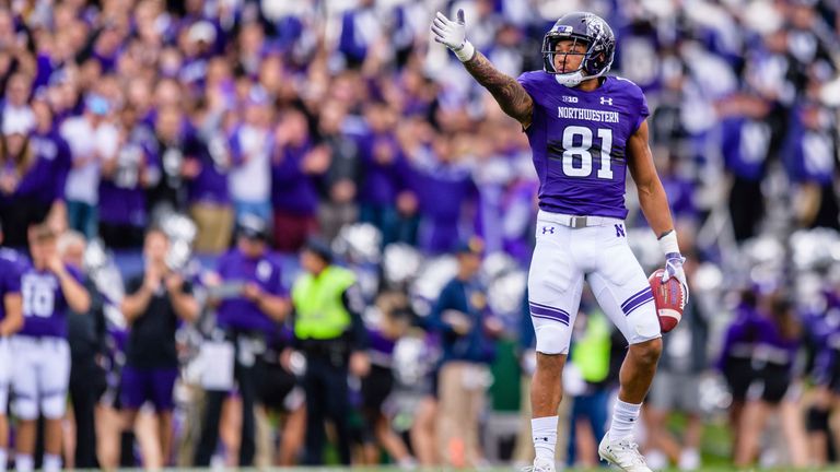 Bowman signals a first down after a catch against the Michigan Wolverines in September 2018. (Photo by Daniel Bartel/Icon Sportswire via AP)