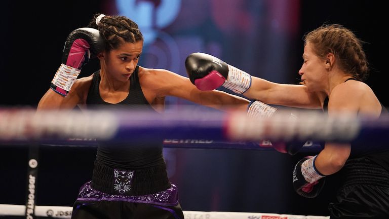 HANDOUT PICTURE COMPLIMENTS OF MATCHROOM BOXING.RAMLA ALI v EVA HUBMEYER Super-Bantamweight contest..31 October 2020.Picture By Dave Thompson.