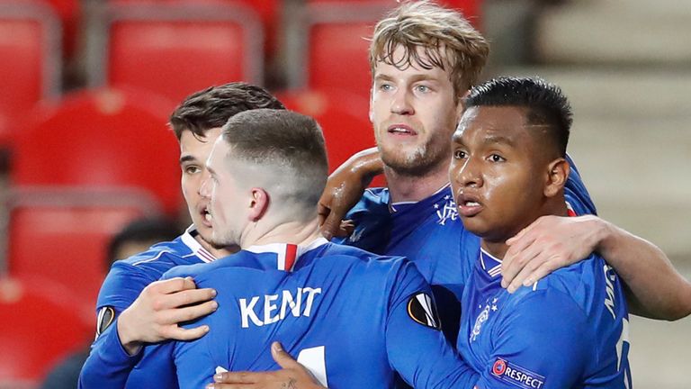 Filip Helander celebrates after scoring Rangers' equaliser against Slavia Prague (AP Photo/Petr David Josek)