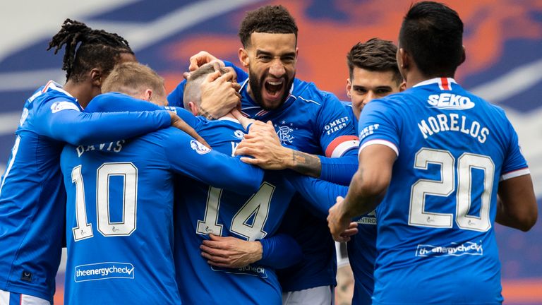 Rangers players celebrate Ryan Kent's opener during a Scottish Premiership match between Rangers and St Mirren at Ibrox 