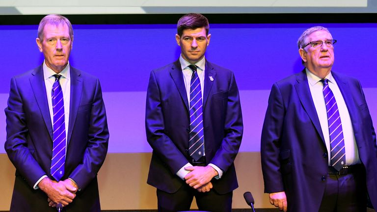 King (left) has backed Steven Gerrard (middle) and chairman Douglas Park (right) to continue helping Rangers strengthen 