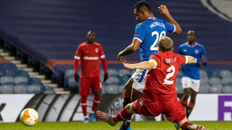 GLASGOW, SCOTLAND - FEBRUARY 25: Alfredo Morelos scores to make it 1-0 Rangers during a UEFA Europa League match between Rangers and Royal Antwerp at Ibrox Stadium, on February 25, 2021, in Glasgow, Scotland. (Photo by Craig Williamson / SNS Group)