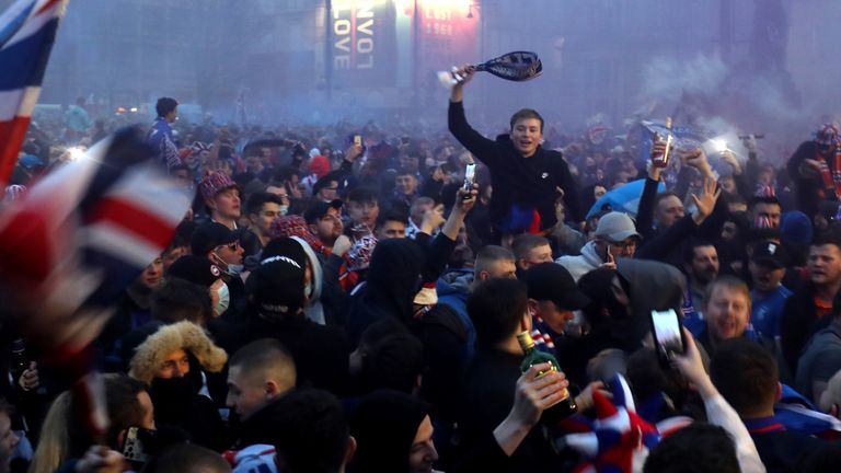 Rangers fans have been criticised for breaking coronavirus restrictions in celebrating their side's title win.

 in George Square after Rangers win the Scottish Premiership title. Picture…