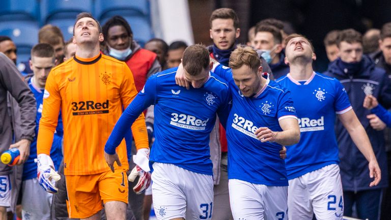 GLASGOW, SCOTLAND - MARCH 06: Rangers' players celebrate at full time during a Scottish Premiership match between Rangers and St Mirren at Ibrox Stadium, on March 06, 2021, in Glasgow, Scotland. (Photo by Craig Williamson / SNS Group)