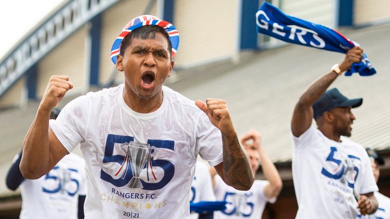 Alfredo Morelos celebrates winning the league at Auchenhowie as Rangers are crowned Champions of Scotland