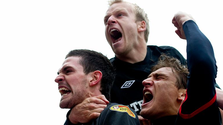 15/05/11 CLYDESDALE BANK PREMIER LEAGUE.KILMARNOCK v RANGERS.RUGBY PARK - KILMARNOCK.Rangers ace Kyle Lafferty (left) celebrates his opener after barely a minute