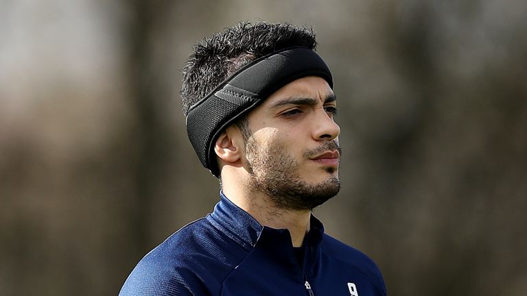 Raul Jimenez is wearing a protective headband during training sessions