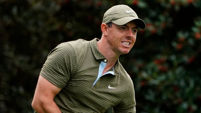 Rory McIlroy, of Northern Ireland, watches his tee shot on the 15th hole during the first round of the Masters golf tournament Friday, Nov. 13, 2020