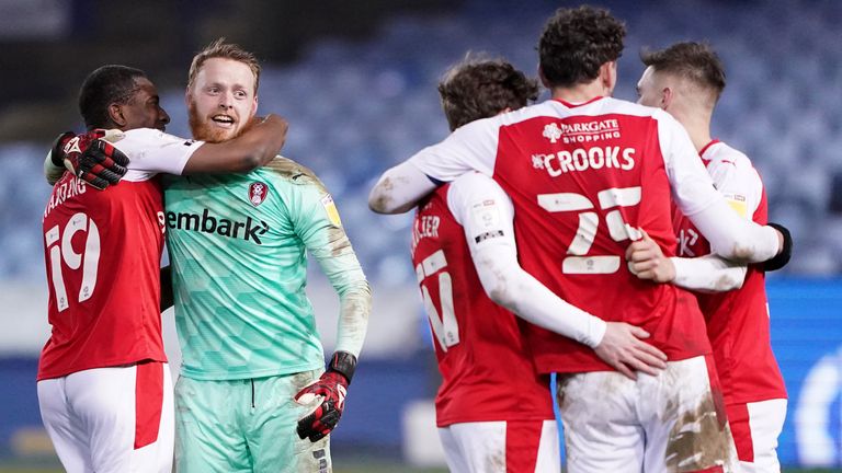 Rotherham celebrate their late win at Sheffield Wednesday