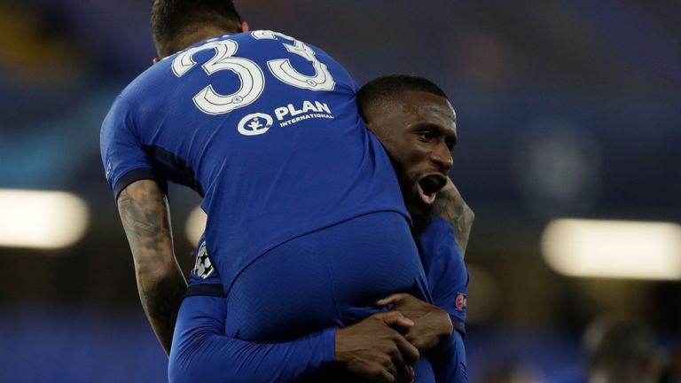 Antonio Rudiger celebrates with Emerson after Chelsea's second goal