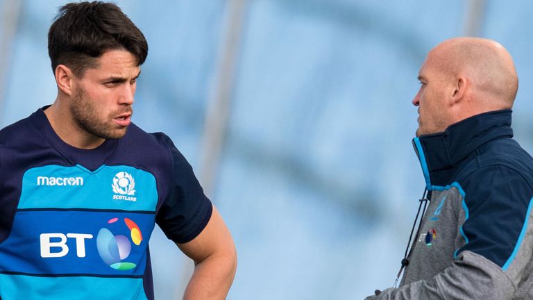 Scotland's Sean Maitland in discussion with head coach Gregor Townsend. 